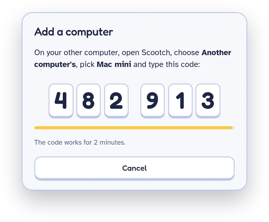 Scootch's Add a computer window, showing a six-digit code to type on the other computer. The code works for two minutes.